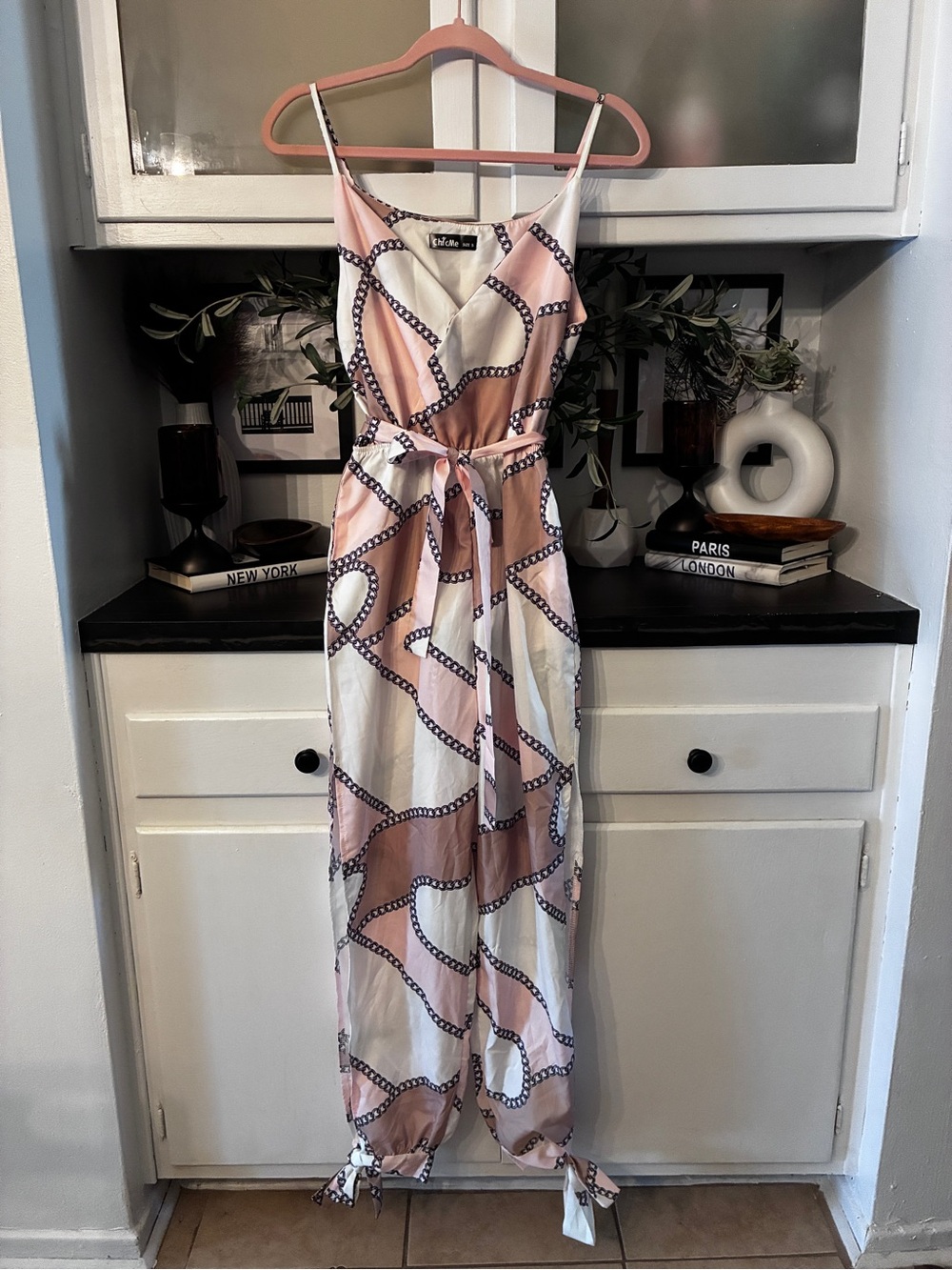 Chicme Chain-Print Pink & White Jumpsuit with Self-Tie Waist
